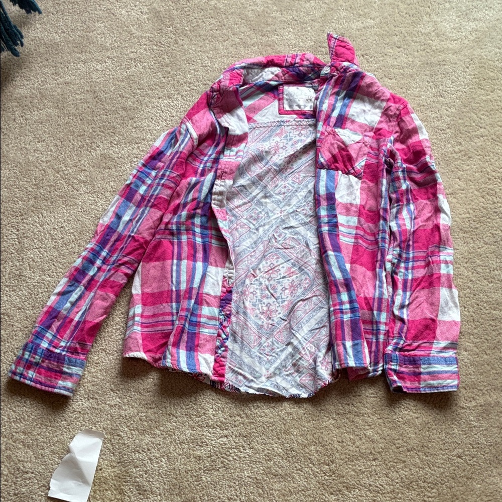 Justice Pink and Blue Plaid Button Down Shirt
